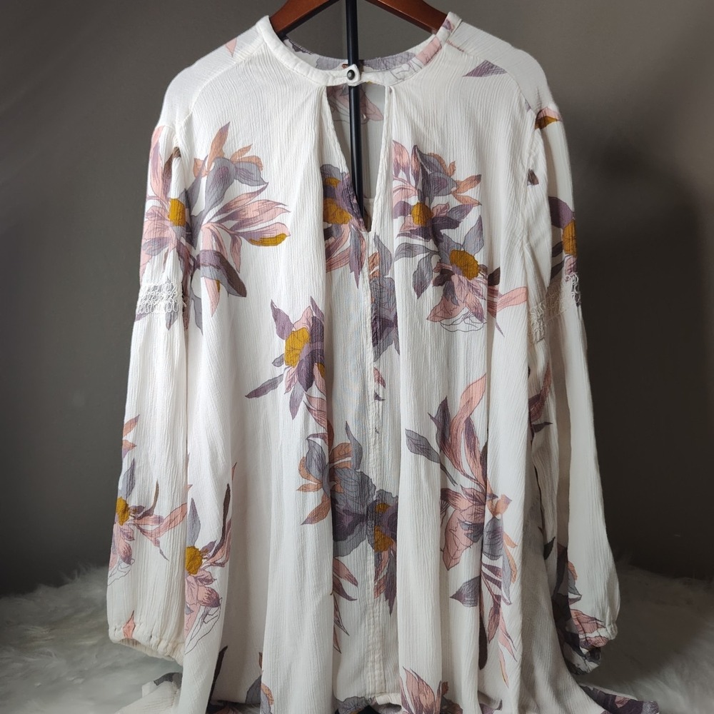 Free People Floral Peasant Tunic‎ Women XS Cream Boho Crochet Lace Keyhole Top